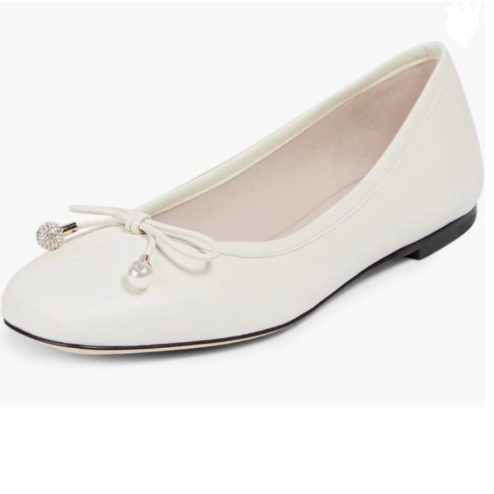 FSJ White Cute Ballet Flats with Bowtie Round Toe Girls Comfort Slip On Shoes